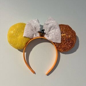 Candy Corn White Sequin Bow Mouse Ears Headband with Pumpkin